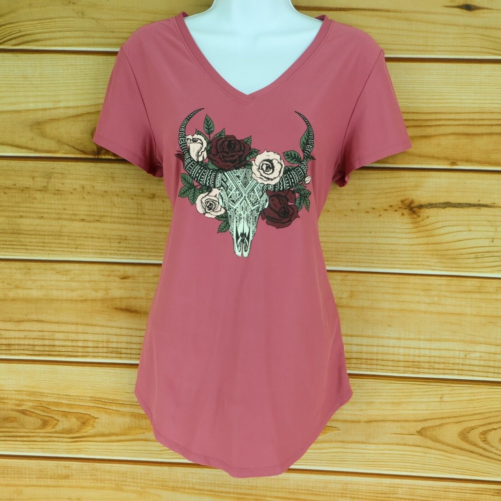 NOBO No Boundaries Shirt Womens L Pink Floral Skull Short Sleeves‎ Stretch Soft